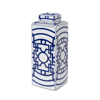 Imperial Ceramic Geometric Square Jar, White and Blue, Large