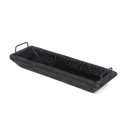 Carved Wood Tray with Iron Handles