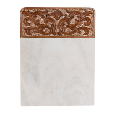 Acanthus Carved Wood and Marble Cutting Board, White, Large