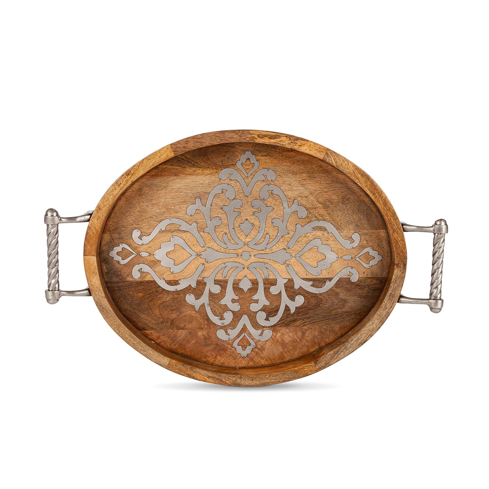 Heritage Inlay Wood Oval Tray with Handles, 20"