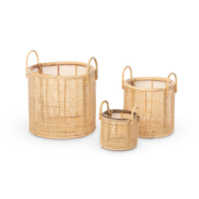Woven Rattan Baskets with Handles, Set of 3
