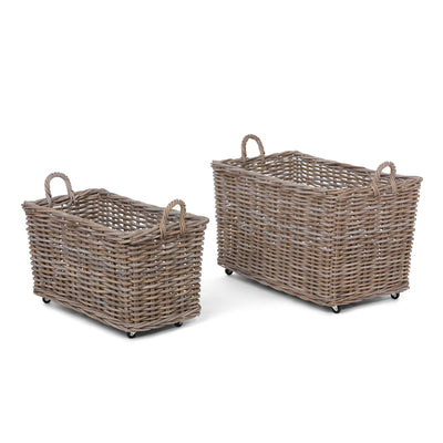 Rattan Woven Storage Basket with Casters, Set of 2