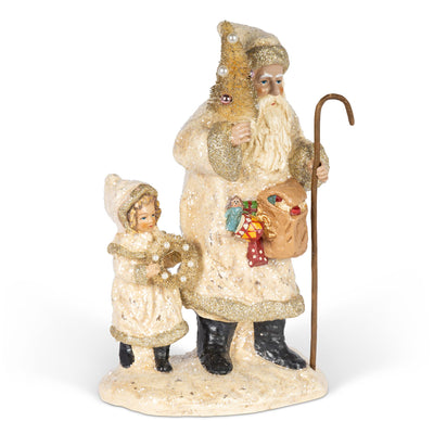 Paper Mache Santa with Tree and Child, 11"H