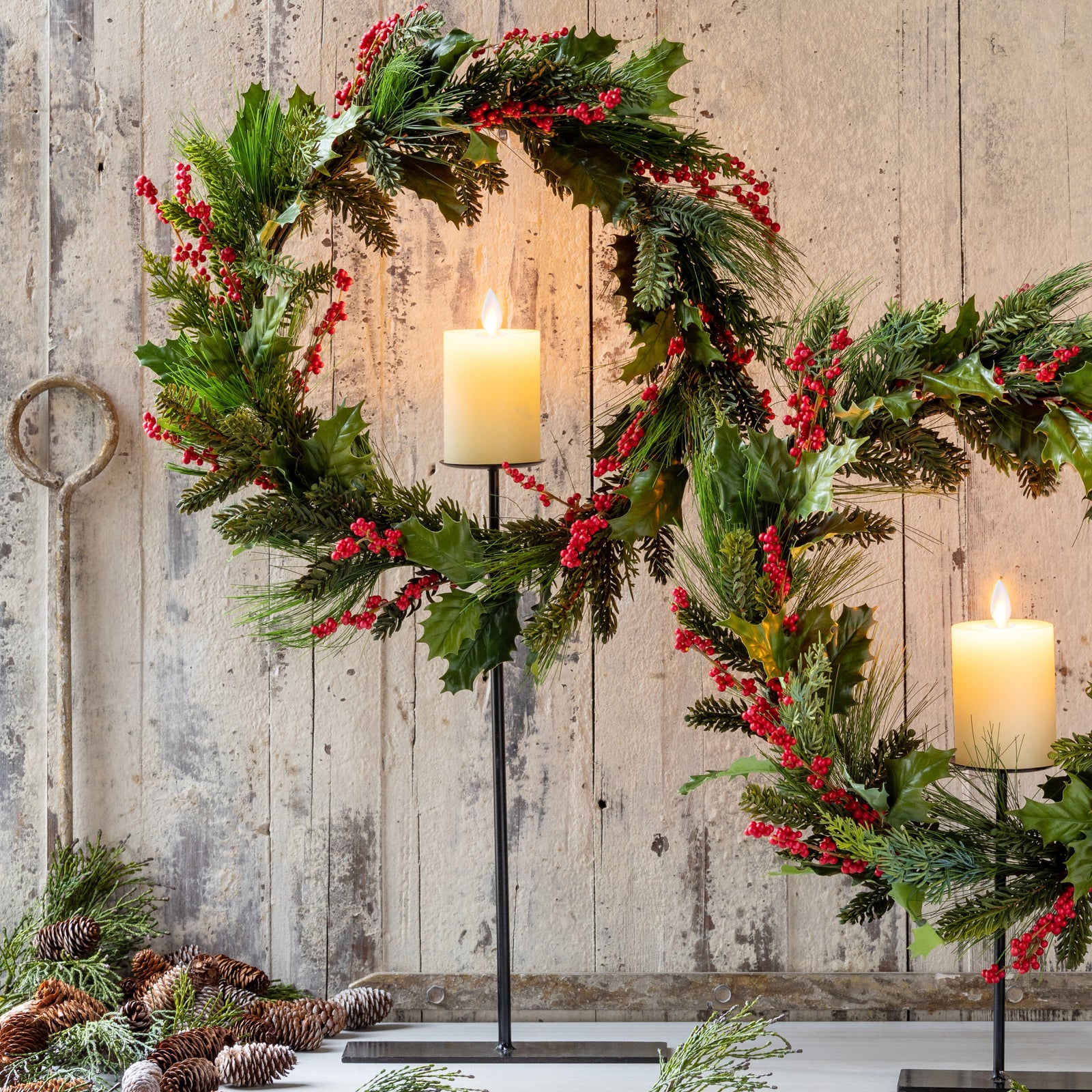 Pine and Holly Wreath on Candle Stand, Tall