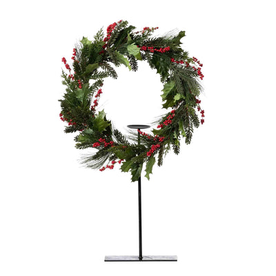 Pine and Holly Wreath on Candle Stand, Tall