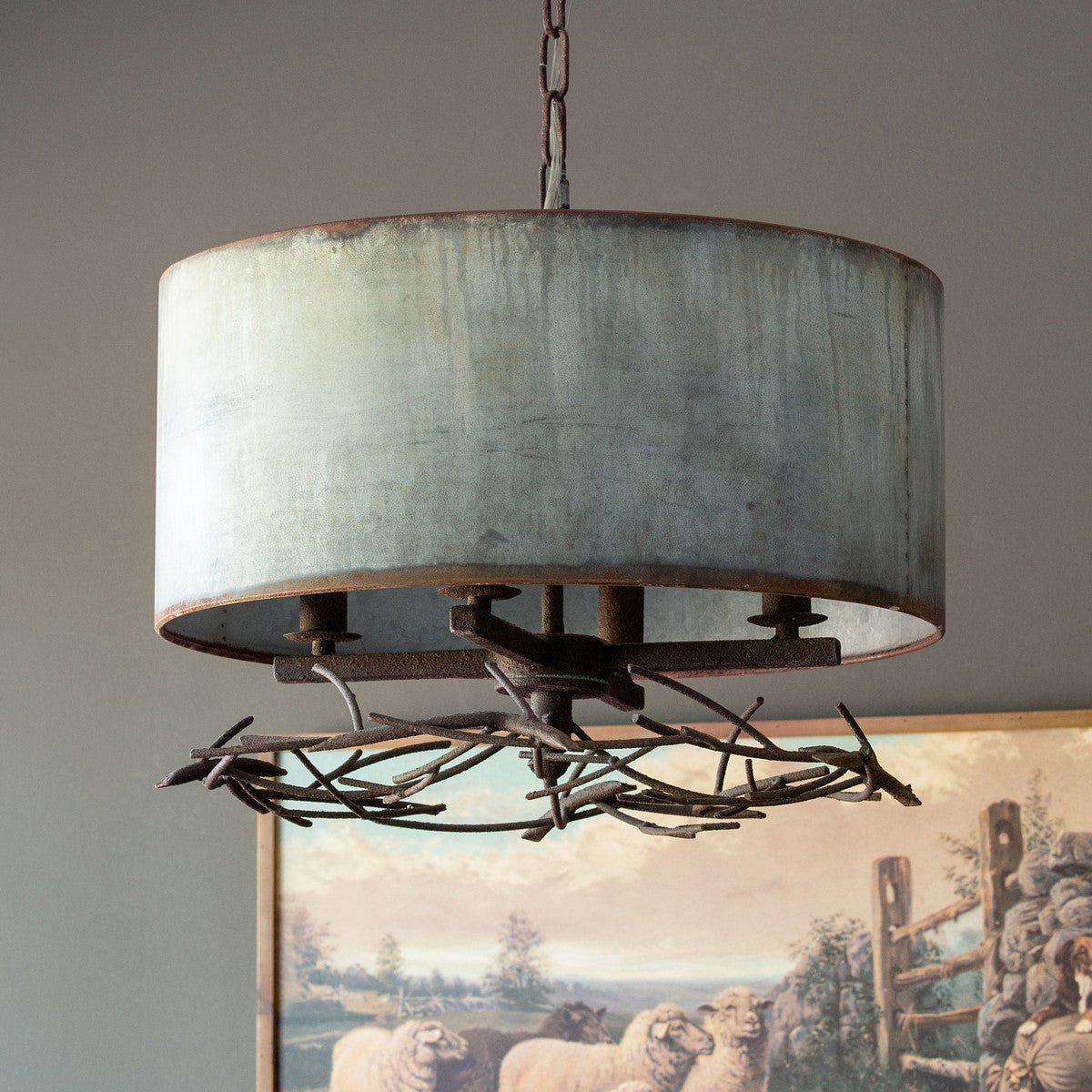 Iron Twig Chandelier With Metal Shade
