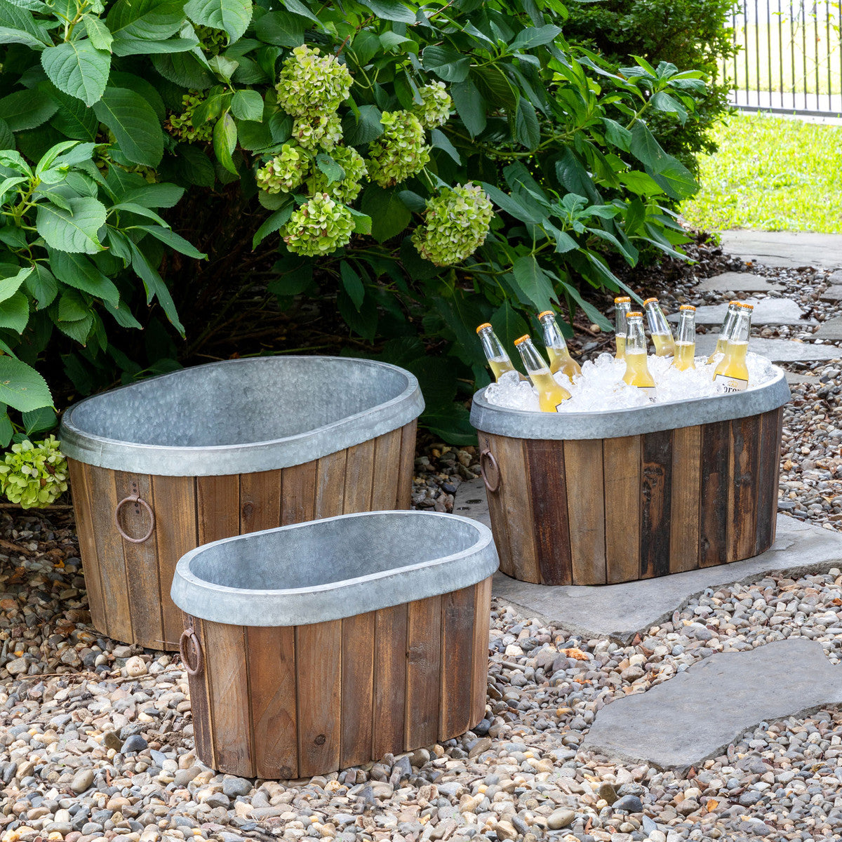 Set of 3 Galvanized Wooden Oval Tubs