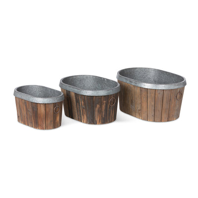 Set of 3 Galvanized Wooden Oval Tubs