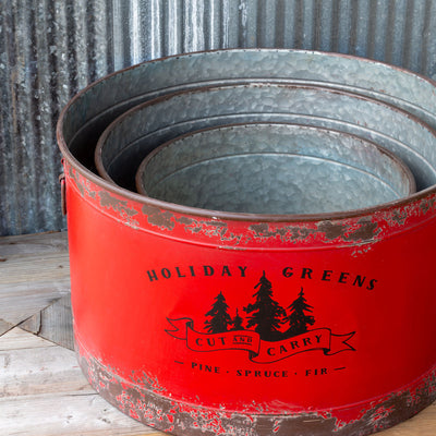 Antique Red Metal Tree Pots - Set of 3